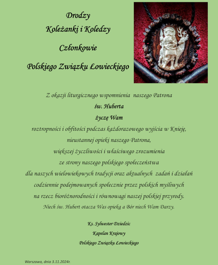 Życzenia z okazji wspomnienia św. Huberta - 3.11.2024